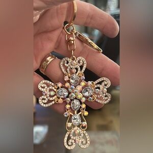 New Rhinestone Crystal Cross Keychain - Gold and Iridescent
